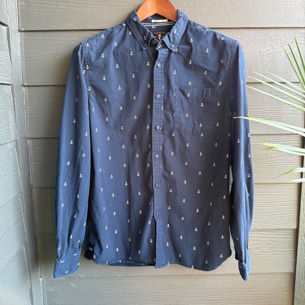 Denim & Flower Navy Anchor Print Button Down Shirt Slim Fit Cotton Large